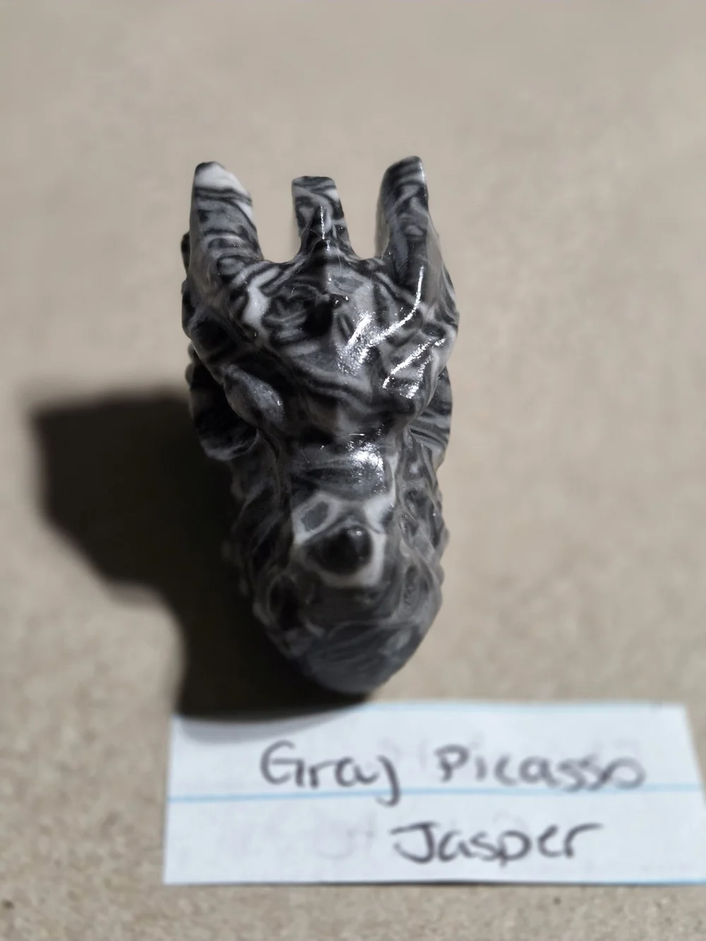 Detailed Picasso Jasper Crystal Carved Dragon Head Stone Sculpture Decor